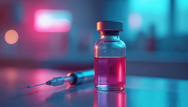 Medical vial with pink liquid and syringe. Neon lights reflect on glass, suggesting science and research. Ready for injection or treatment. Clinical laboratory setup. Health care item.