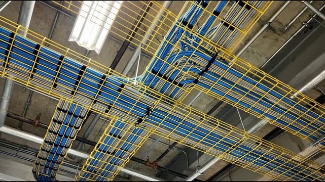 Network cable trays with blue and yellow wires in data center. Cabling infrastructure for server backend and information security.