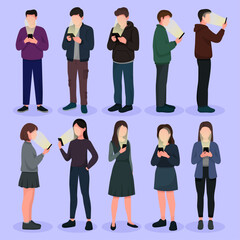 Obraz premium People using smartphones with glowing screens Young men and women addicted to mobile phones flat vector set