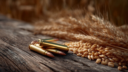 Obraz premium Detailed macro of rifle bullets lying next to golden wheat grains on a rough wooden table, soft directional light emphasizing contrast, concept of armed conflict threatening global