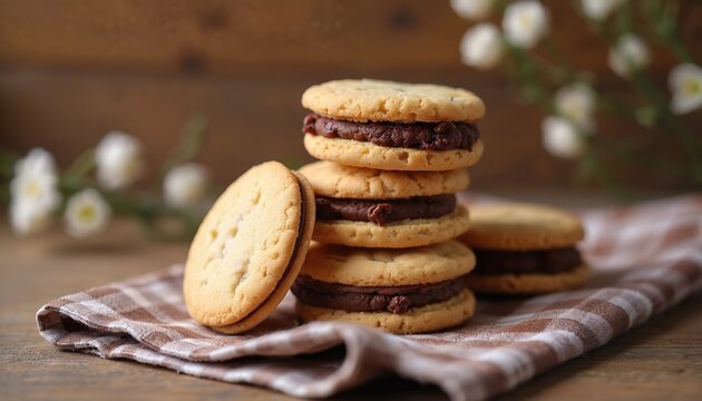 Stack of chocolate cream filled cookies. Round biscuits sit on checkered cloth near white flowers. Sweet snack served on rustic wooden table. Delicious baked pastry treat.