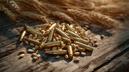 Obraz premium Top-down macro view of brass bullets scattered across a rustic table with wheat grains interspersed, warm sunlight casting subtle shadows, conceptual image linking armed conflict w