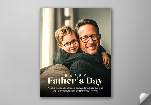 Happy Father&rsquo;s Day, Social Media Editable Post Template with Smiling Dad and Son Hugging at Home.