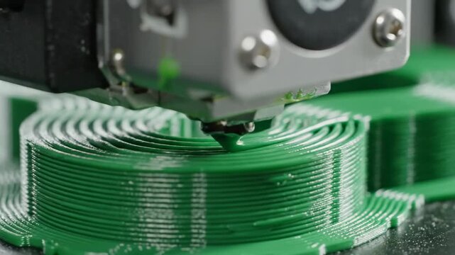 3D printer nozzle extrudes green filament, creating layered circular patterns on the build plate, showcasing the continuous printing process in a modern workspace