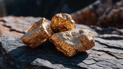 Golden nuggets of natural ore lying on dark rugged rock, sunlight creating sparkling reflections across uneven surfaces, concept of discovery, natural wealth, and the mining indust