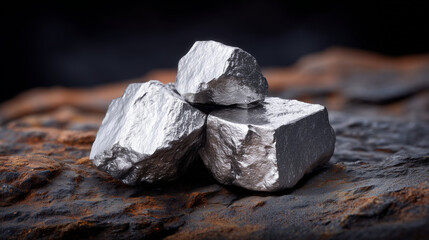 Detailed close-up of platinum nuggets resting on a textured dark rocky background, metallic surfaces catching soft lighting, representing wealth, mining discovery, and economic val