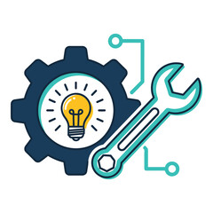 Cogwheel with light bulb and wrench for business solutions and innovation ideas icon
