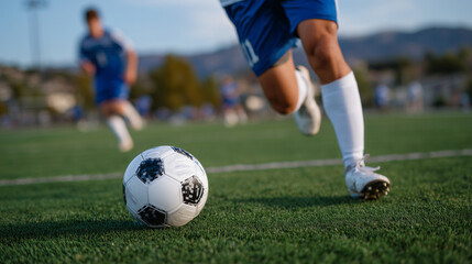 Close-up of white cleats gripping a football on a green pitch, shallow depth of field with blurred teammates in the background, morning sunlight casting soft highlights on grass an