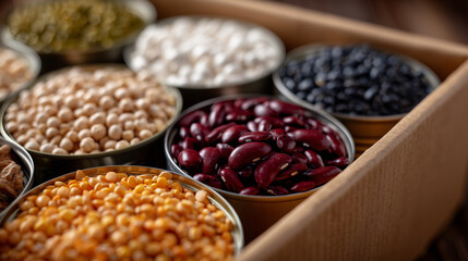 Fototapeta premium Cardboard box filled with dry grains, legumes, and canned goods, soft daylight illuminating the assortment, focus on variety and abundance for long-term storage and emergency prepa