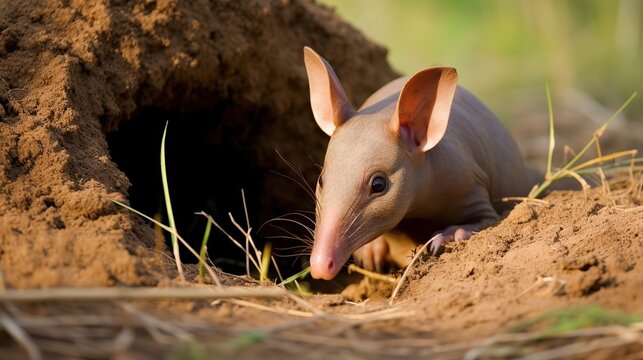 Curious Small Elephant Shrew Emerging from Burrow into Sunlit Grasslands