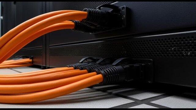 Orange network cables connected to server in data center for big data, backend, and information security applications