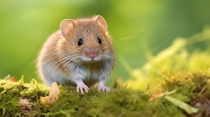Curious Tiny Forest Rodent Peering Over Mossy Ground with Bright Green Background