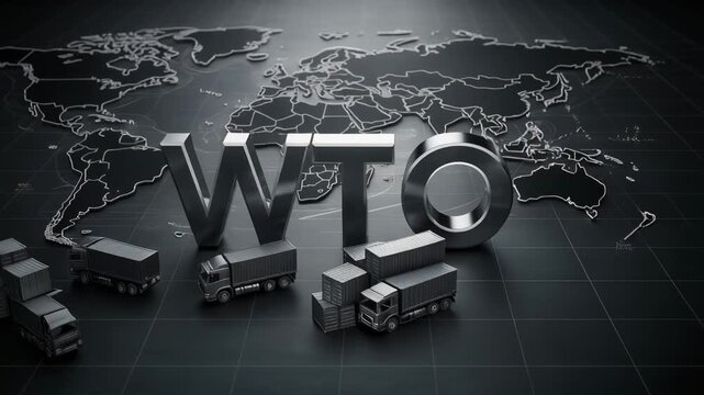 Global trade concept with metallic WTO letters and cargo trucks on world map background