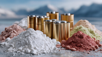 Close-up macro of battery cells and containers of powdery substances, granular minerals scattered, clean industrial surface reflecting soft light, visual representation of energy s