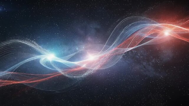 Abstract cosmic waves glowing in space with light particles and starry background