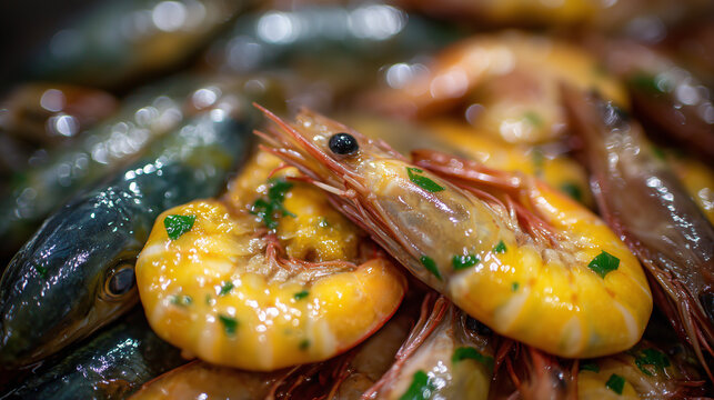 Close-up of improperly stored seafood with slimy surfaces and discoloration, soft diffused light emphasizing contamination, representing food safety hazards and global health conce