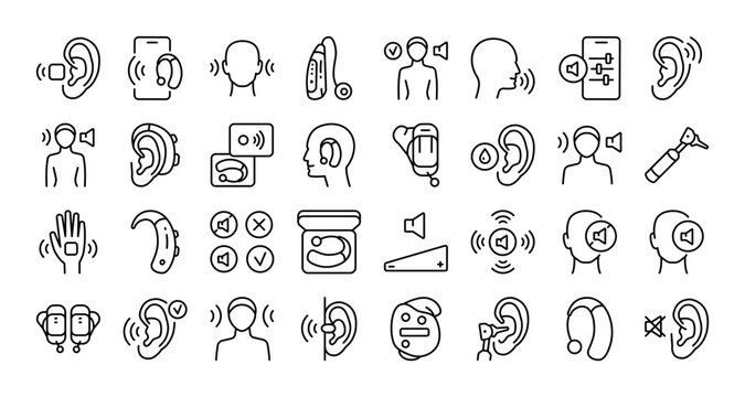 Hearing Instrument Icon Set: Outline Icons for Audiology Clinics, Medical Catalogs and Hearing Health
