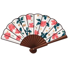 Traditional Japanese Fan with Pink Flowers and Green Leaves