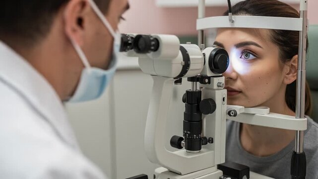 Young woman undergoing professional eye examination with slit lamp machine in modern clinic