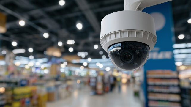 Close-up of a modern security camera mounted on a supermarket ceiling, lens reflecting fluorescent lights and aisles below, cinematic depth emphasizing retail surveillance and safe
