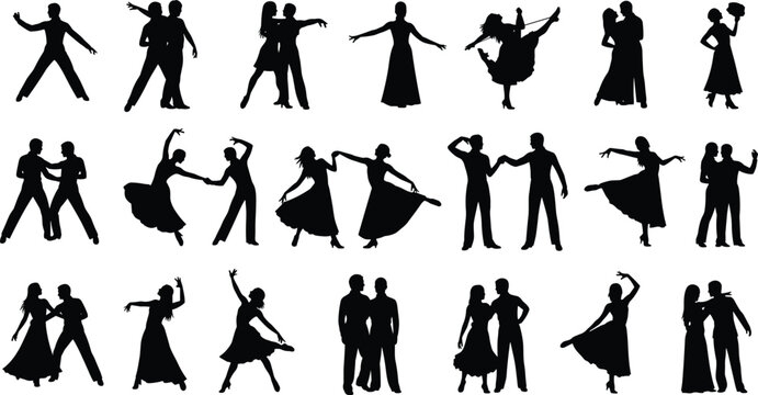 Set of ballroom dancers silhouettes performing elegant dance poses for wedding, celebration, romance, event, and cad drawing flat vector illustration