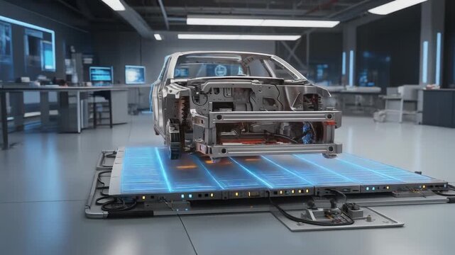 Electric car chassis with advanced battery technology in modern automotive factory for sustainable transport