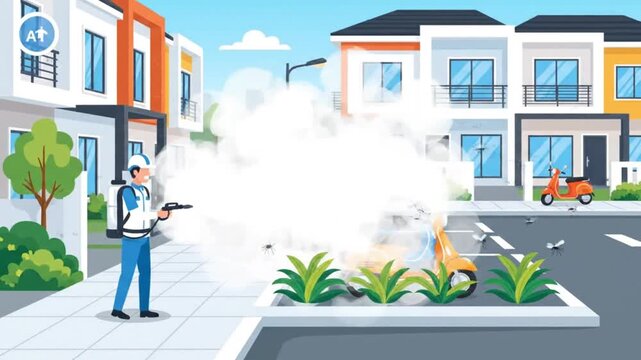 Worker in hazmat suit spraying insecticide fog along a riverbank to eliminate mosquito swarms.