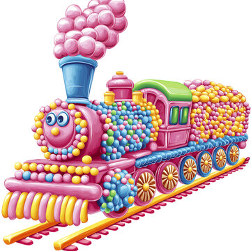 A vibrant and colorful cartoon train with a large pink flower on top chugging along Clipart