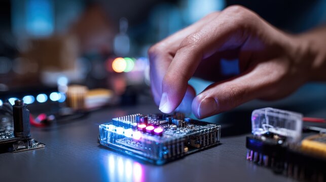 Hand Pressing Reset Button on Electronic Circuit Board During Testing
