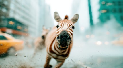 Fototapeta premium A zebra dashes through a bustling city street, capturing a thrilling contrast of wildlife amidst urban life and highlighting the unexpectedness of the moment.