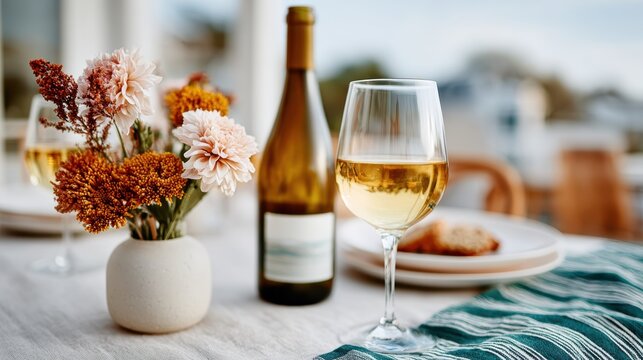 An elegant dinner table adorned with fine wine and delicate flowers sets the mood for a sophisticated gathering, combining beauty and warmth for a memorable culinary experience.