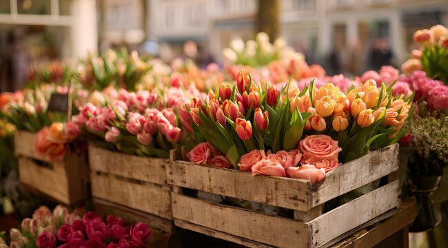 On March 8th, there will be a flower market display featuring fresh tulips and roses in rustic wooden crates. The Spring street scene will be a backdrop for the International Women's Day celebration a
