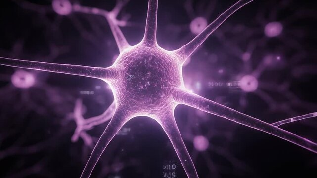 Close up view of glowing purple neurons and neural network connections in the brain illustration