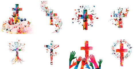 Naklejka premium Colorful christian cross with music notes isolated vector illustration. Religion themed background. Design for gospel church music, choir singing, concert, festival, Christianity, prayer
