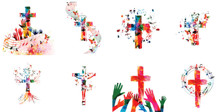 Colorful christian cross with music notes isolated vector illustration. Religion themed background. Design for gospel church music, choir singing, concert, festival, Christianity, prayer