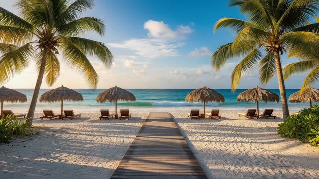 Tropical beach with palm trees and sun loungers under thatched umbrellas by the ocean at sunrise