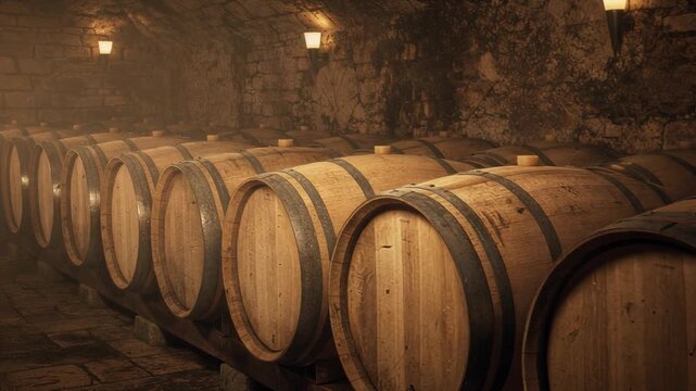 Rustic wine cellar with wooden barrels aging wine in a dimly lit stone room