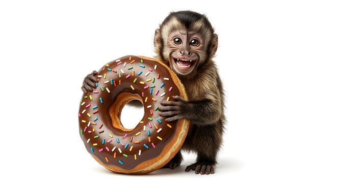 Funny Monkey Holding Giant Donut Isolated on White