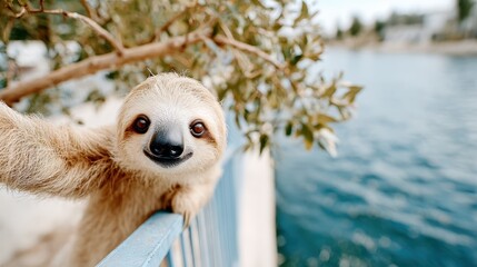 Fototapeta premium A cute sloth reaches out with a charming expression, perfectly situated near tranquil waters, showcasing the beauty of wildlife in a natural setting.