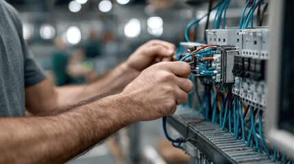 Hands Connecting Wires to Control Panel in Sensor Installation Process