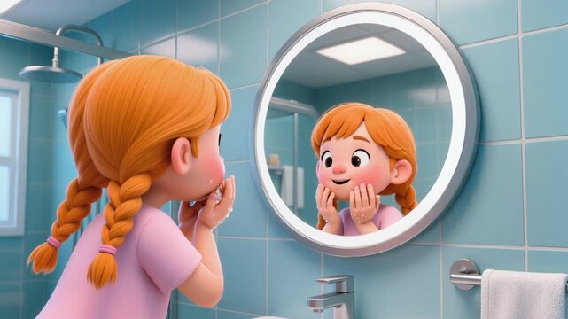 A girl with brightly colored hair braided into two pigtails washes herself in front of a round mirror in a 3D cartoon-style bathroom