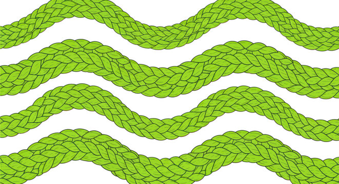 Green braided ropes forming wavy lines pattern on white background