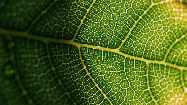 Close-up of green leaf showing intricate vein patterns and textures, transitioning from bright to dark green tones in a natural setting with soft lighting