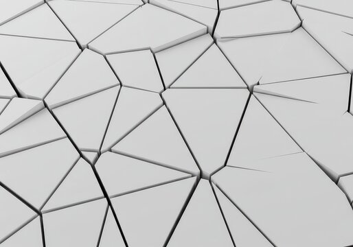 Abstract geometric background showing a clean white surface shattered into unequal angular pieces, symbolizing disconnection and negative space, digital, monochrome, pieces