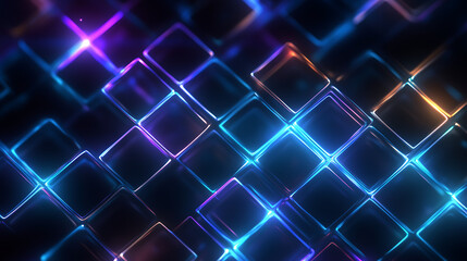 Vibrant neon lights illuminating a grid of squares in a futuristic pattern.