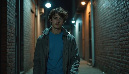 Fototapeta premium Young man walks down dark city alleyway at night. Street lights cast shadows on brick walls. He appears thoughtful, possibly lonely or on a journey. Moody atmosphere, urban setting.