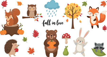 Fototapeta premium Cute autumn forest animals vector set with fox, bear, rabbit, hedgehog, owl and fall leaves cartoon illustration