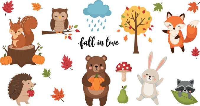 Cute autumn forest animals vector set with fox, bear, rabbit, hedgehog, owl and fall leaves cartoon illustration