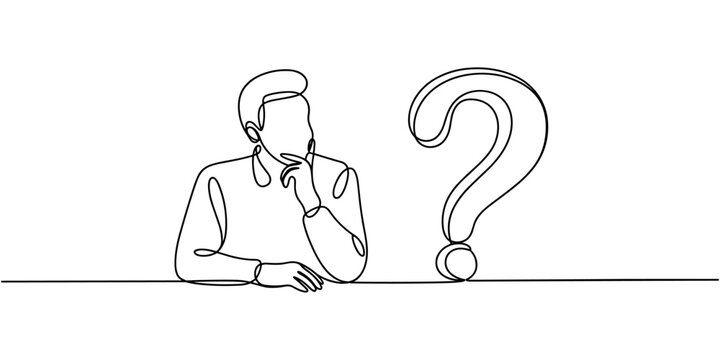 man pondering a question mark on desk continuous one line drawing vector illustration