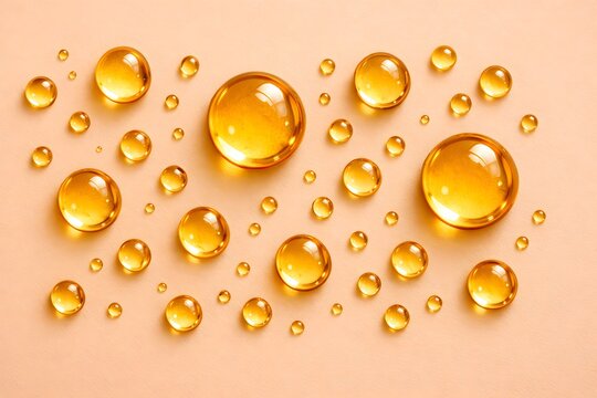 Golden Vitamin C Facial Oil Droplets Macro on Matte Peach Background Cosmetic Base